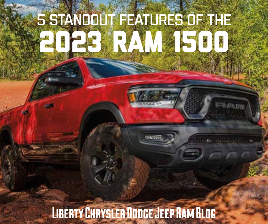 A red 2023 Ram 1500 off roading and the text: 5 Standout Features of the 2023 RAM 1500