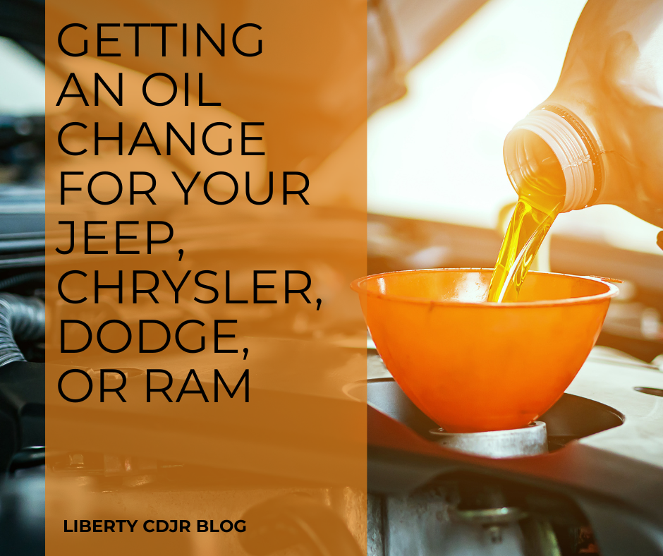 A photo of the oil being changed in a car and the text: Getting an Oil Change for Your Jeep, Chrysler, Dodge, or RAM