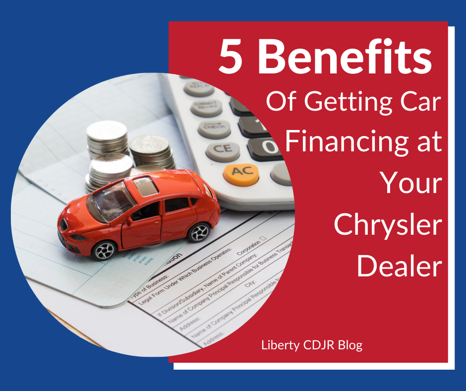 A graphic containing a photo of a toy car with calculators and financing paperwork and the text: 5 Benefits of Getting Car Financing at Your Chrysler Dealer - Liberty CDJR Blog