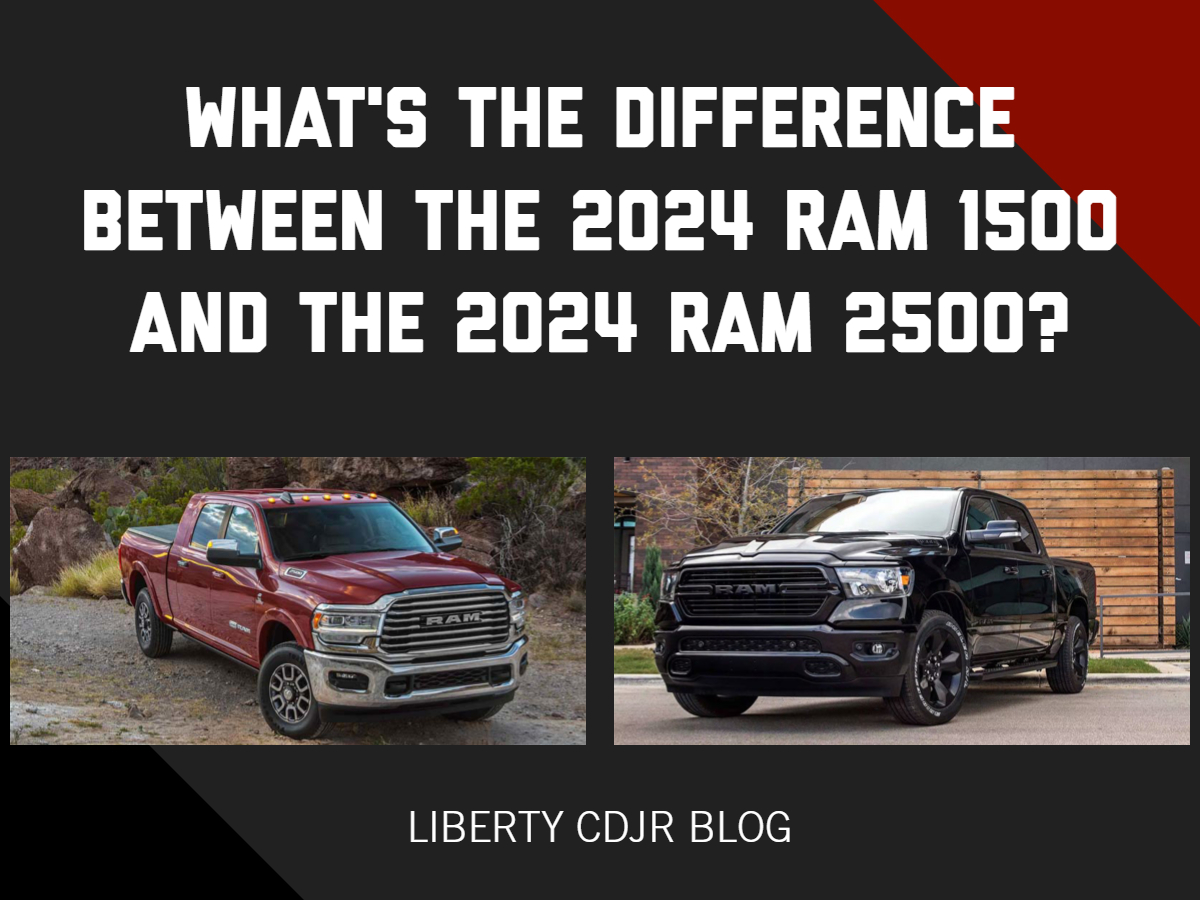 A graphic containing a photo of the 2024 RAM 1500 and 2500 and the text: What's the difference between the 2024 Ram 1500 and the 2024 Ram 2500? Liberty CDJR Blog