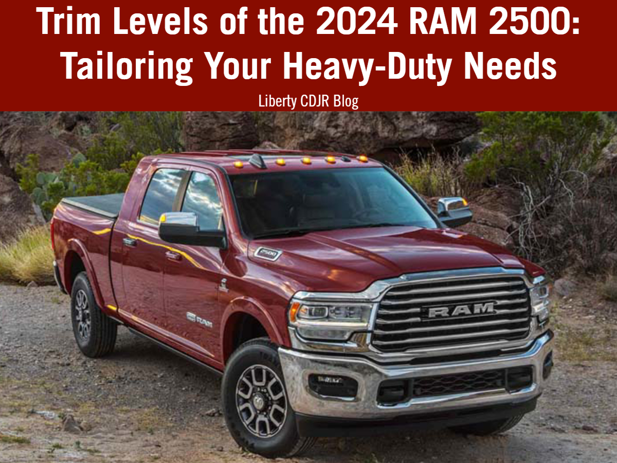 A photo of a red 2024 RAM 2500 and the text: Trim Levels of the 2024 RAM 2500: Tailoring Your Heavy-Duty Needs Liberty CDJR Blog